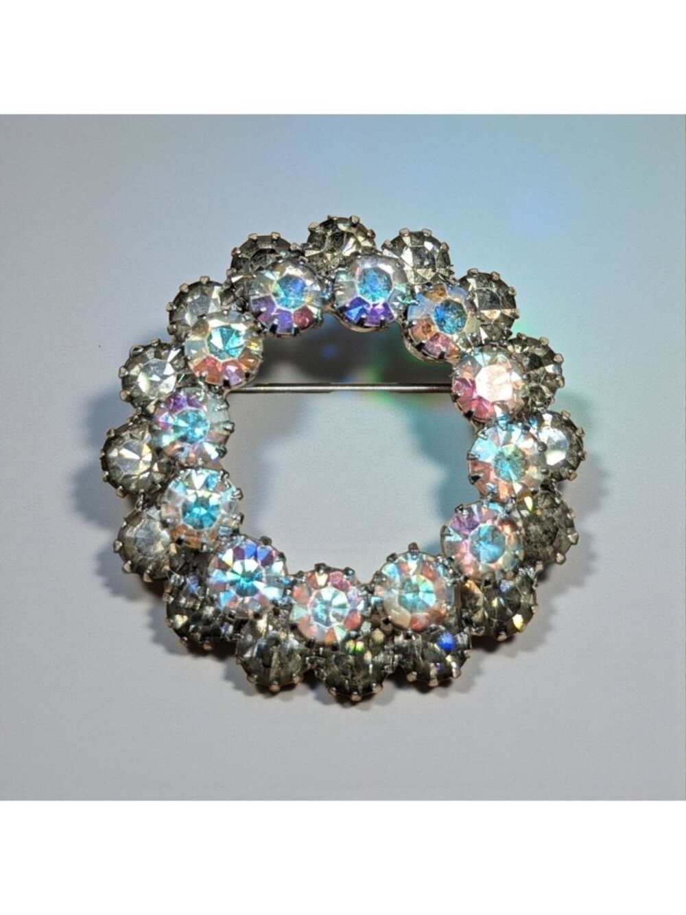 Vintage Aurora Borealis Rhinestone Circle Brooch Pin Clear Smokey 3D Statement